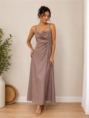 Taupe Pinstripe Cowl Neck Midi Dress Back Slit Size S